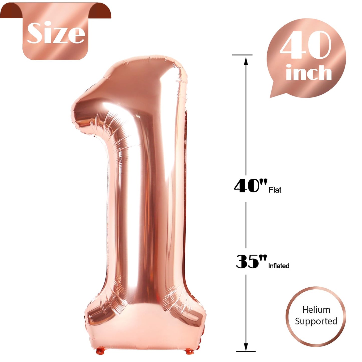 40 Inch Rose Gold 1 Balloon For First Birthday, 1St Number Balloons Birthday Decorations For Girl Boy Kids Toddler Baby, One Gia