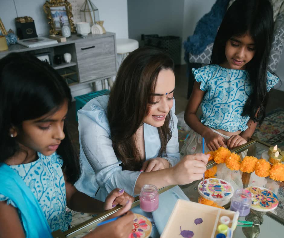 Make Your Own Rangoli Coaster Kit - 4 Wooden Coasters + Paint + Brushes | Perfect for Holi Gift, Activity, Party, or Decoration