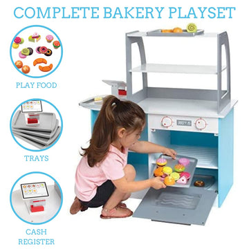 Wooden Bakery Playset Pretend Stand for Kids - 25 Piece Bake Shop Counter w Food, Chalkboard, Cash Register, Trays - Durable Con