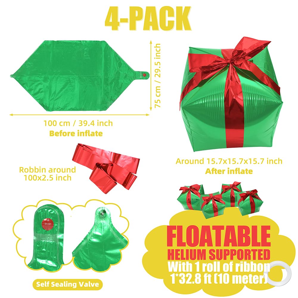 Deermon 4 Piece Green Christmas Gift Box Balloons With Red Ribbon, Square Shape Present Gift Box Cube Aluminum Foil Balloon For