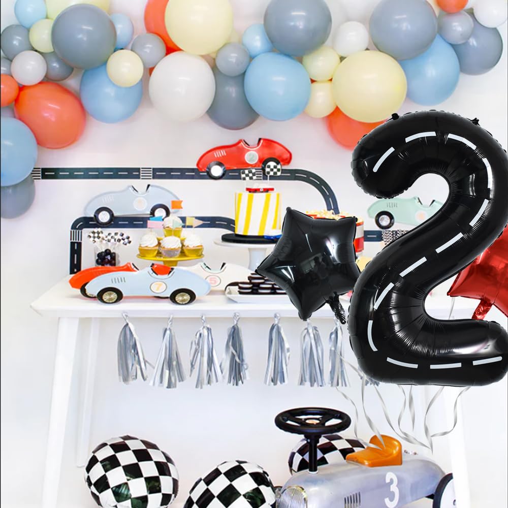 Toniful 40 Inch Race Car 2Nd Birthday Balloons Racetrack Number 2 Black Balloons Wheel Tire Balloons Black White Checkered Ballo