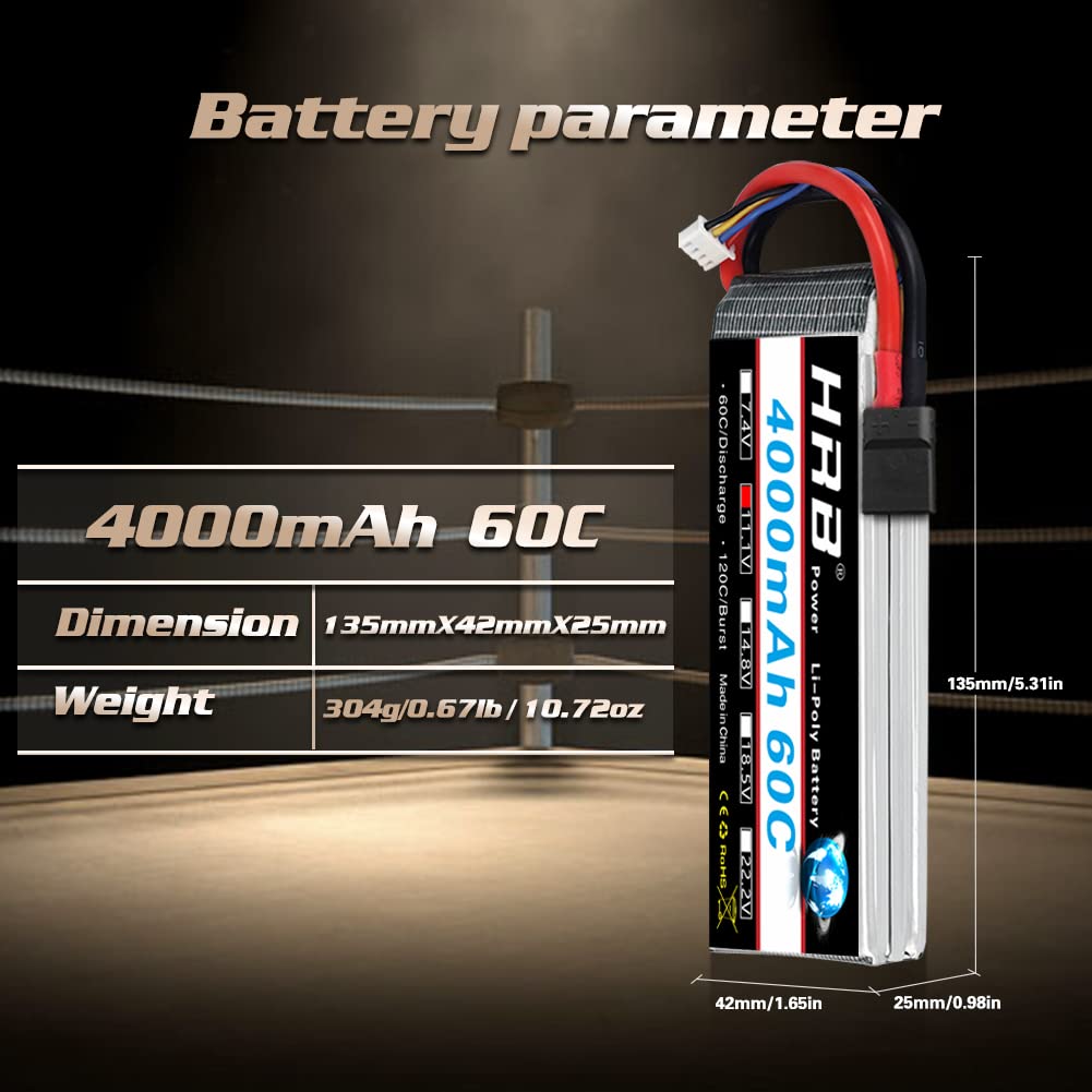 HRB 2PCS 3S Lipo Battery 4000mAh 11.1V 60C RC Lipo Batteries for RC Airplane, RC Helicopter, RC Car, RC Truck, RC Boat