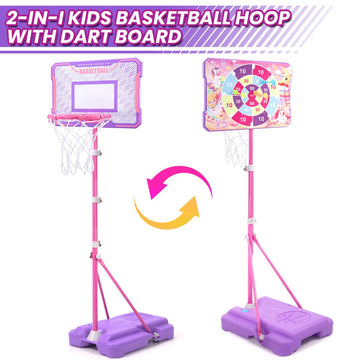 Meland Kids Basketball Hoop, Pink Basketball Hoop For Kids Toddler Basketball Hoop Outdoor & Indoor With Dart Board, Adjustable Height 3.4-6.2Ft Birthday Gift Toys For Girls 3 4 5 6 7 8 Years Old
