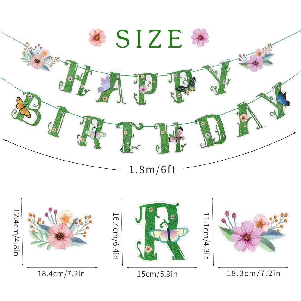 Sunbeauty Spring Happy Birthday Banner Green Spring Butterfly Flowers Banner Summer Spring Butterfly Birthday Party Decorations