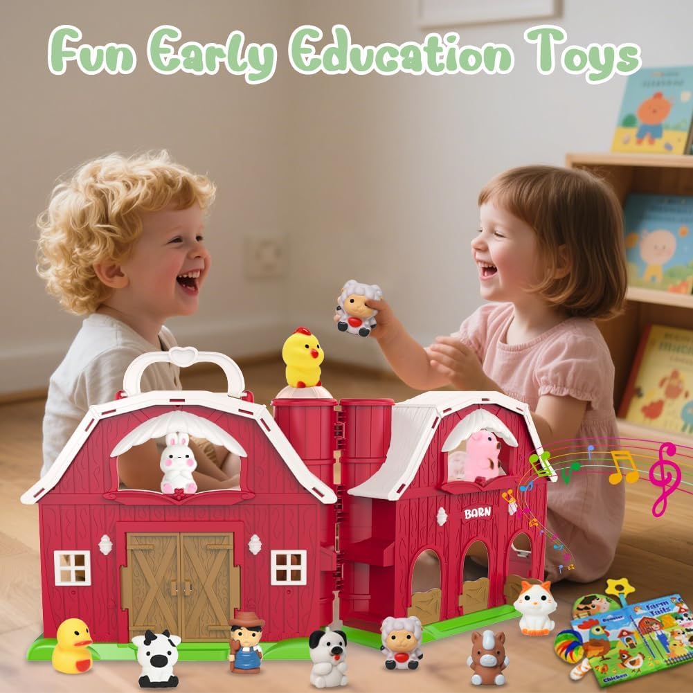 Kimicare Musical Red Barn Toy Farm Animal Finger Puppets, Small 4.52" Plastic Figures with Farm Baby Book, Perfect for Ages 3-5, Red