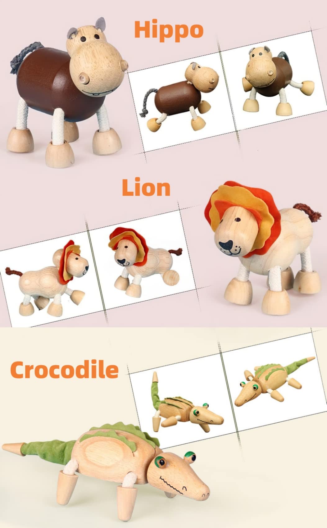 Bendable Wooden Animal Figurines - Smooth Natural Wood Zoo Farm Jungle Safari Animals Figures, Preschool Learning & Education To