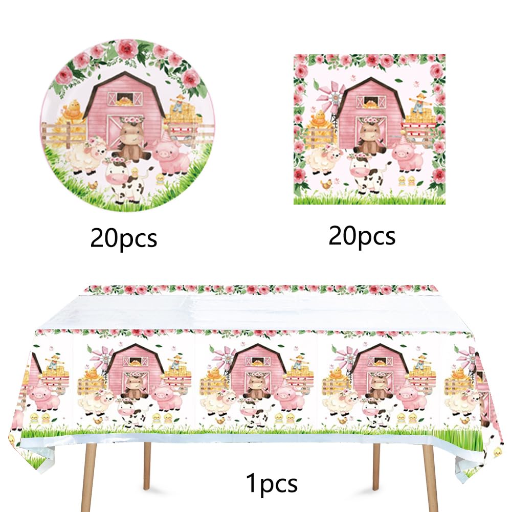 41Pcs Pink Farm Party Supplies,Include 20 Plates, 20 Napkin And 1Pcs Tablecloth,Used For La Granja De Zenon Birthday Party Decor