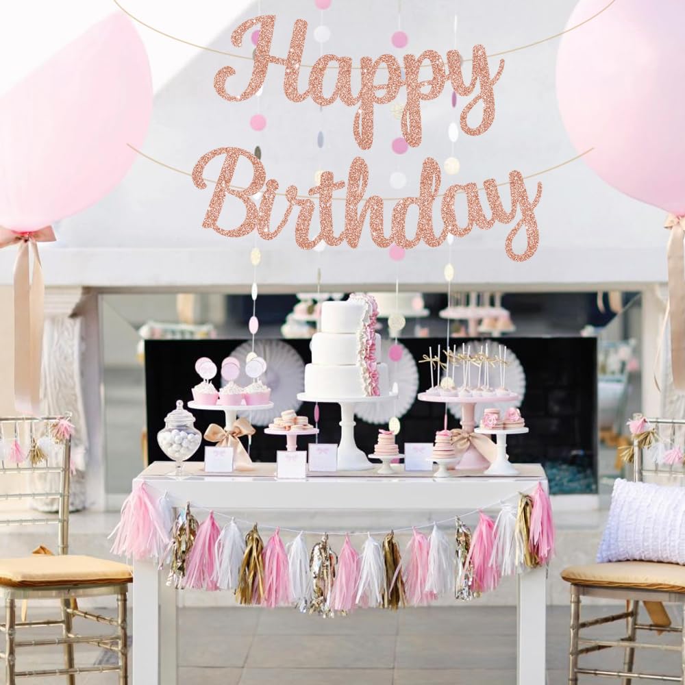 Beishida Rose Gold Happy Birthday Banner -No Diy,10Feet,Pre-Strung-Glitter Happy Birthday Sign, Happy Birthday Garland,Happy Bir