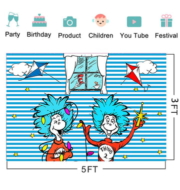 Blue Stripes Backdrop Party Supplies Birthday Theme Photo Background Cat in The Hat Banner for Birthday Party Caketable Decorati