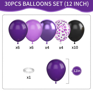 Biapian Purple and Black Balloons, 12 Inch Metallic Latex with Confetti for Halloween, Birthday, Wedding Decorations