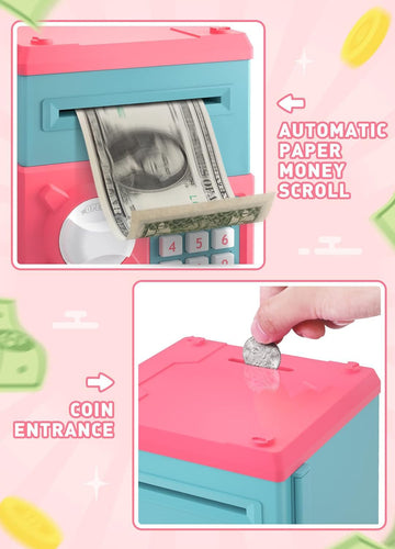 Playsheek Piggy Bank For Girls Boys Large Electronic Money Coin Banks With Password Protection, Automatic Paper Money Scroll Sav