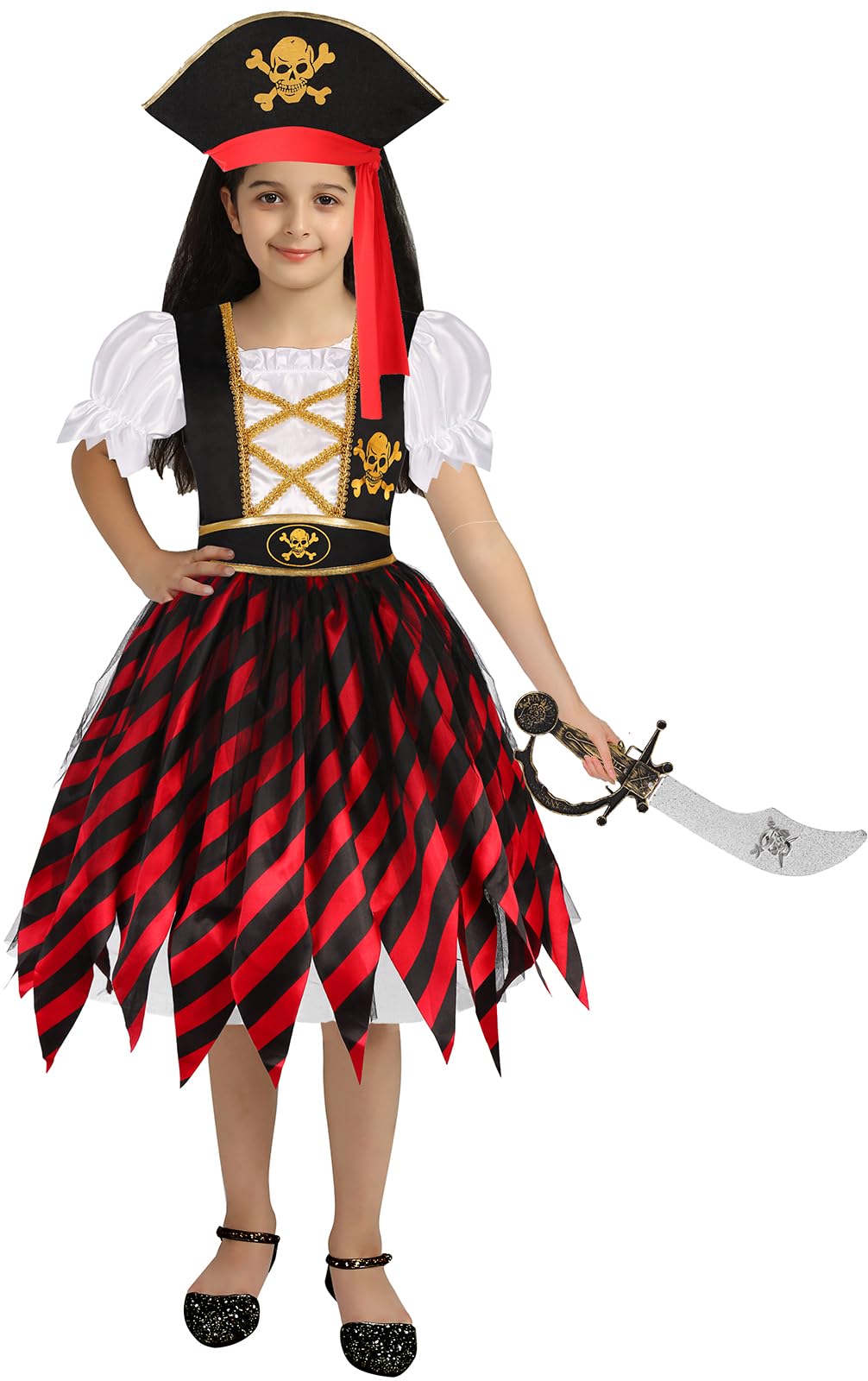 Bordazor Pirate Costume For Girls Pirate Cosplay Dress Up Set For Halloween (7-9 Years)