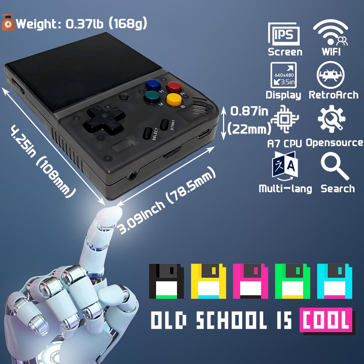 FINGEREVO Miyoo Mini Plus Handheld Game Console 3.5-inch 640 * 480 IPS Screen 3000mAh Miyoo-mini+ with Portable Case Transparent Black