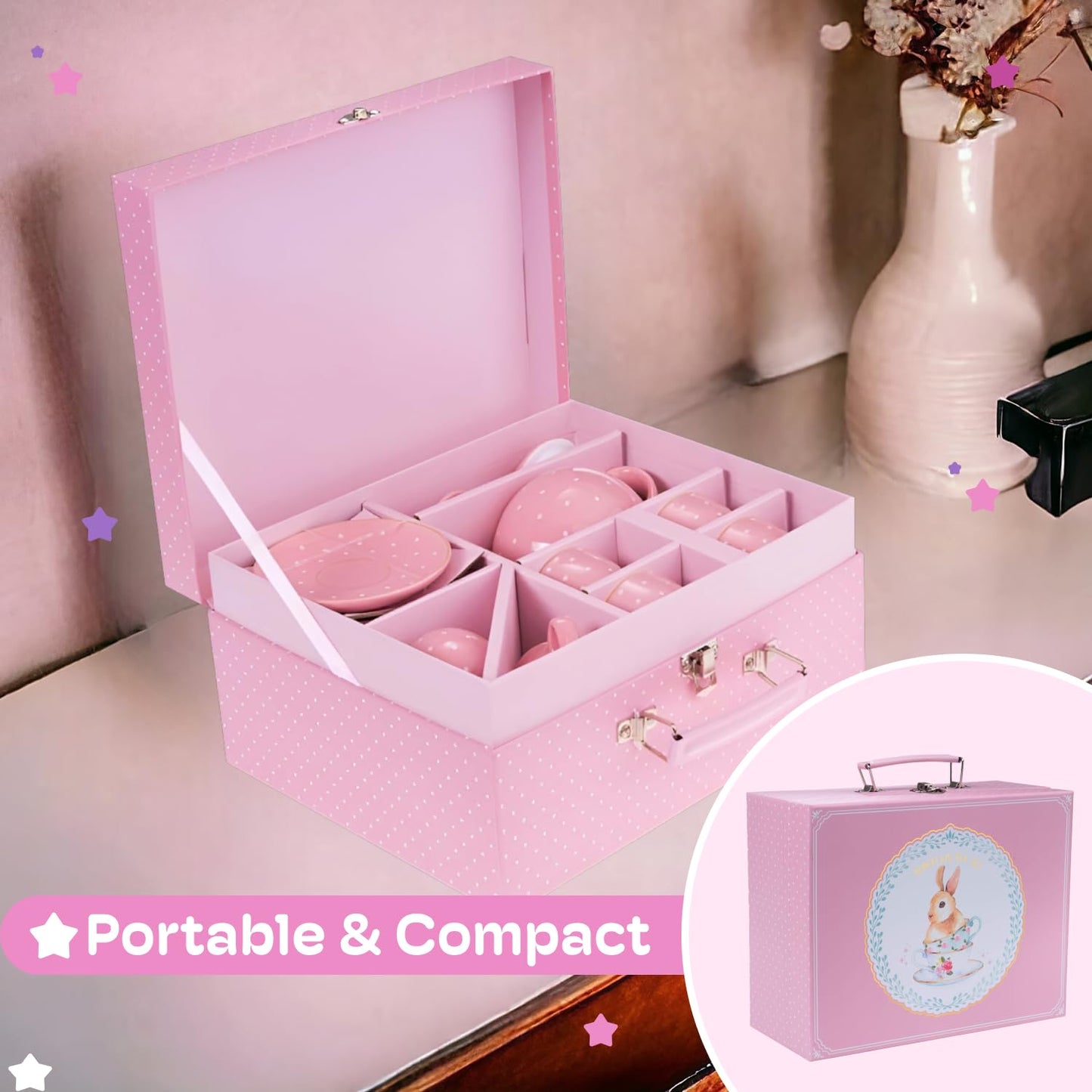 Jewelkeeper Tea Set for Little Girls - 14-Piece Porcelain Tea Party Set for Children Includes Teapot, Cups, Saucers, Creamer, an