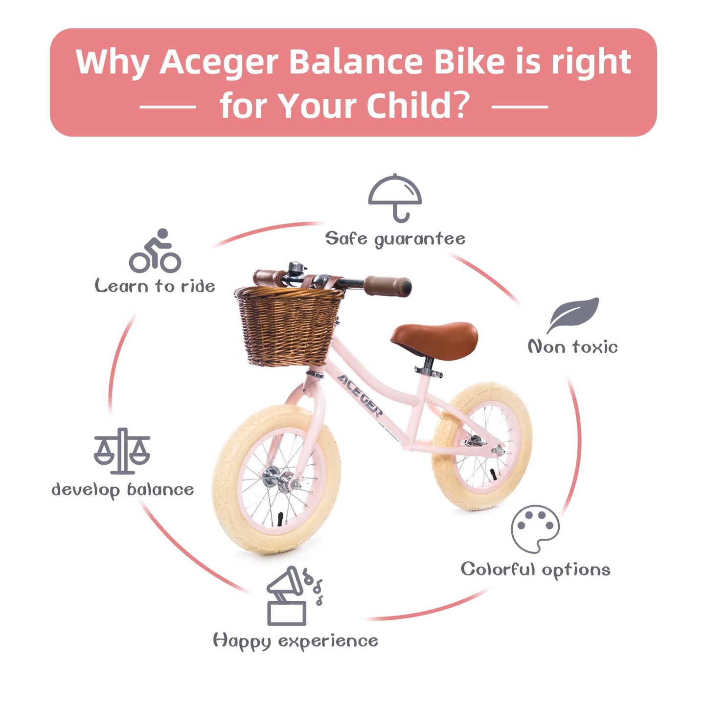 Aceger 12'' Kids Balance Bike With Basket, No Pedal Toddler Bicycle For Early Learning Leg Strength And Steady Balancing, Durabl