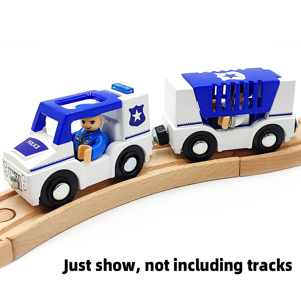 Wooden Train Cars Track Accessories Set Police Car With Light And Sound Small Vehicles Magnetic Train Cars Fit For Wooden Train