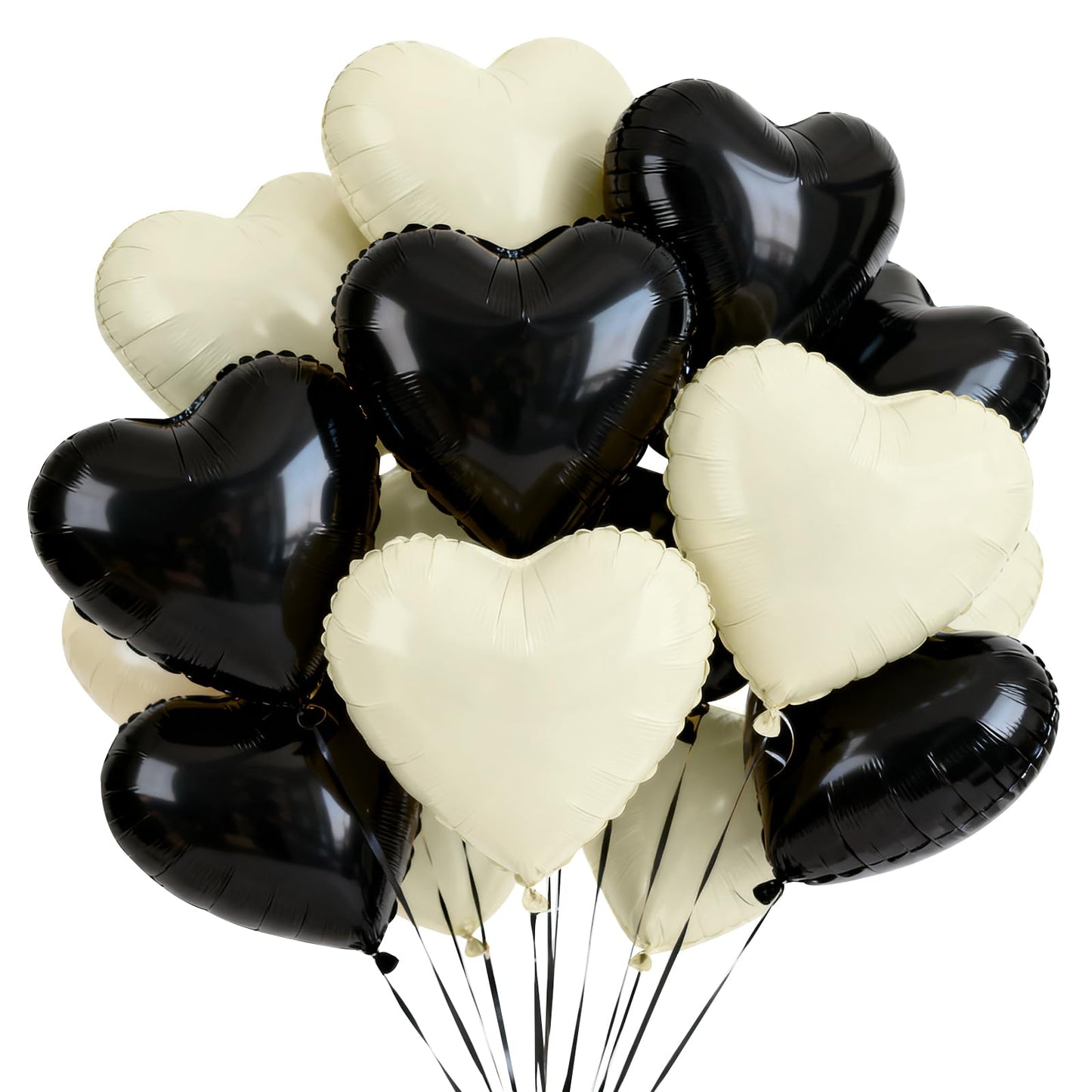 TONIFUL 30Pcs 18 Inch Black Cream White Balloons Black Cream White Heart Shape Foil Mylar Banners Decoration for Birthday Valent