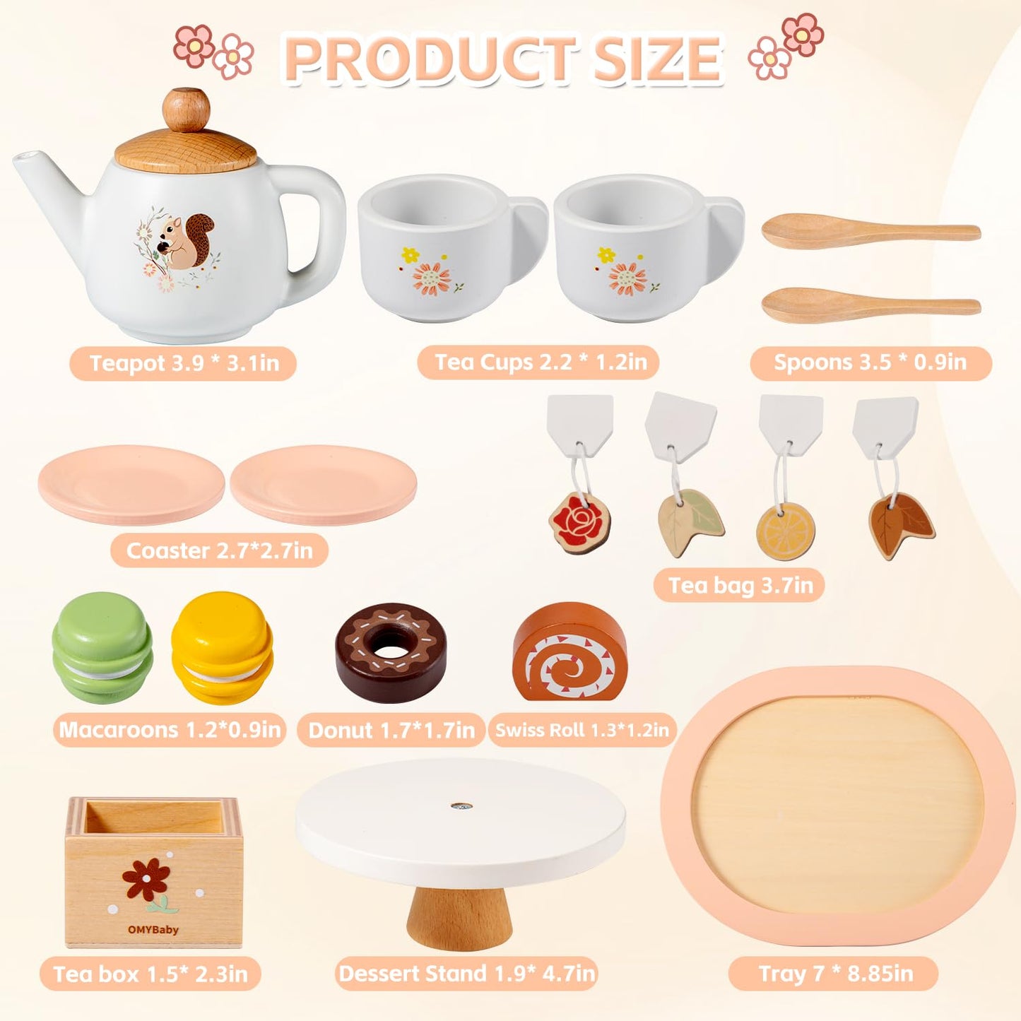 OMYBaby Wooden Tea Set for Little Girls, 19pcs Tea Party Playset with Teapot, Tea Cups, Dessert Stand, Macaroons, Cakes & Tray,