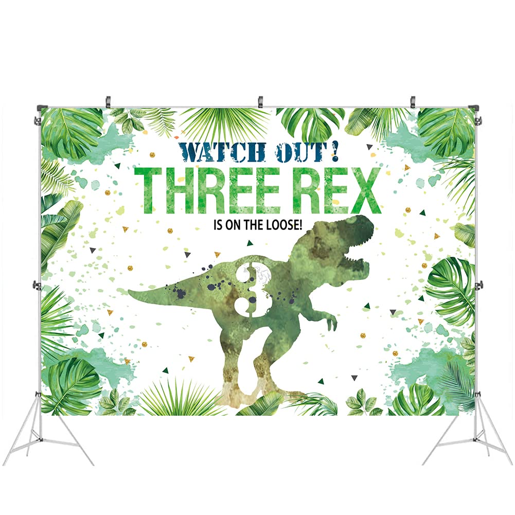 Hilioens 8 6Ft Three-Rex Birthday Backdrop For Boys Dinosaur 3Rd Birthday Green Leaf Background 3 Years Old Dinosaur Theme Part