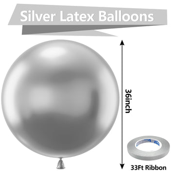 Bezente 36 Inch Metallic Silver Giant Balloons - 8 Pack Jumbo Latex for Weddings, Baby Showers, and Birthday Parties