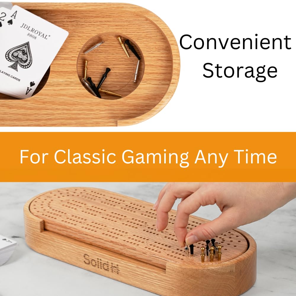 Premium Oak Cribbage Board Game Set -Unique Cribbage Board Includes Playing Cards, Metal Cribbage Pegs, Instructions, & More - B