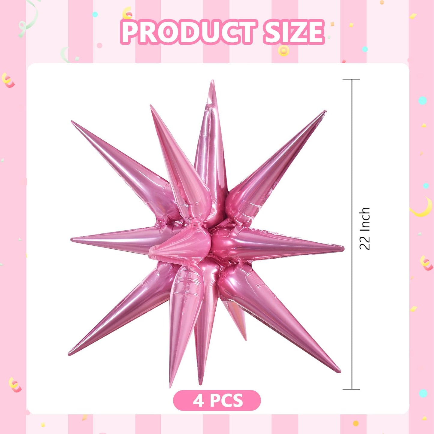 Toniful 4 Pcs 22Inch 4D Pink Explosion Star Foil Balloons 14Point Light Pink Star Mylar Balloons For Party Backdrop Christmas Ne