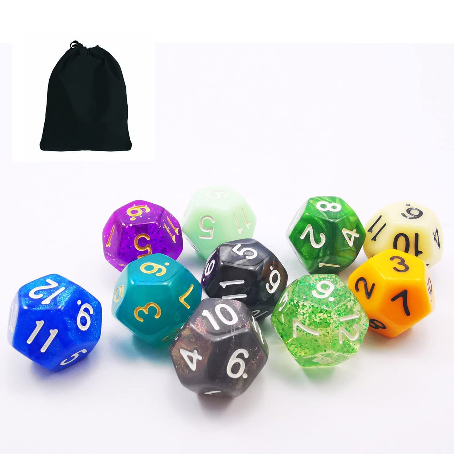 10Pcs Set Of 12 Sided Dice Cube (Numbered 1-12), 10 Count Assorted Random Multi Effected&Colored Pack Of D12 In Drawstring Pouch