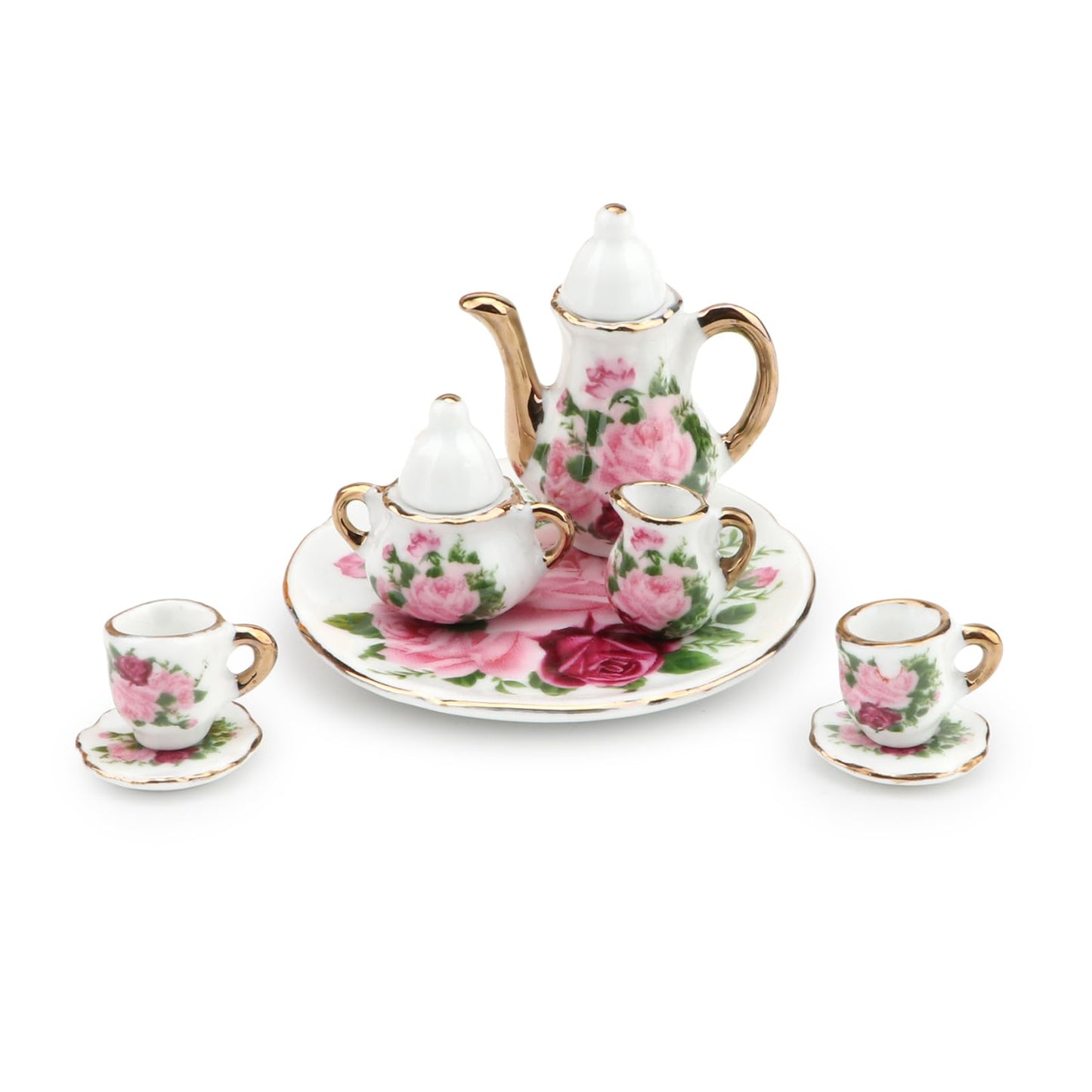Dollhouse 1:6 Porcelain Tea Cup Sets 8 Pcs Set Miniature Ceramics Dollhouse Accessories Flower Pattern Teapot Platter Dish Sets