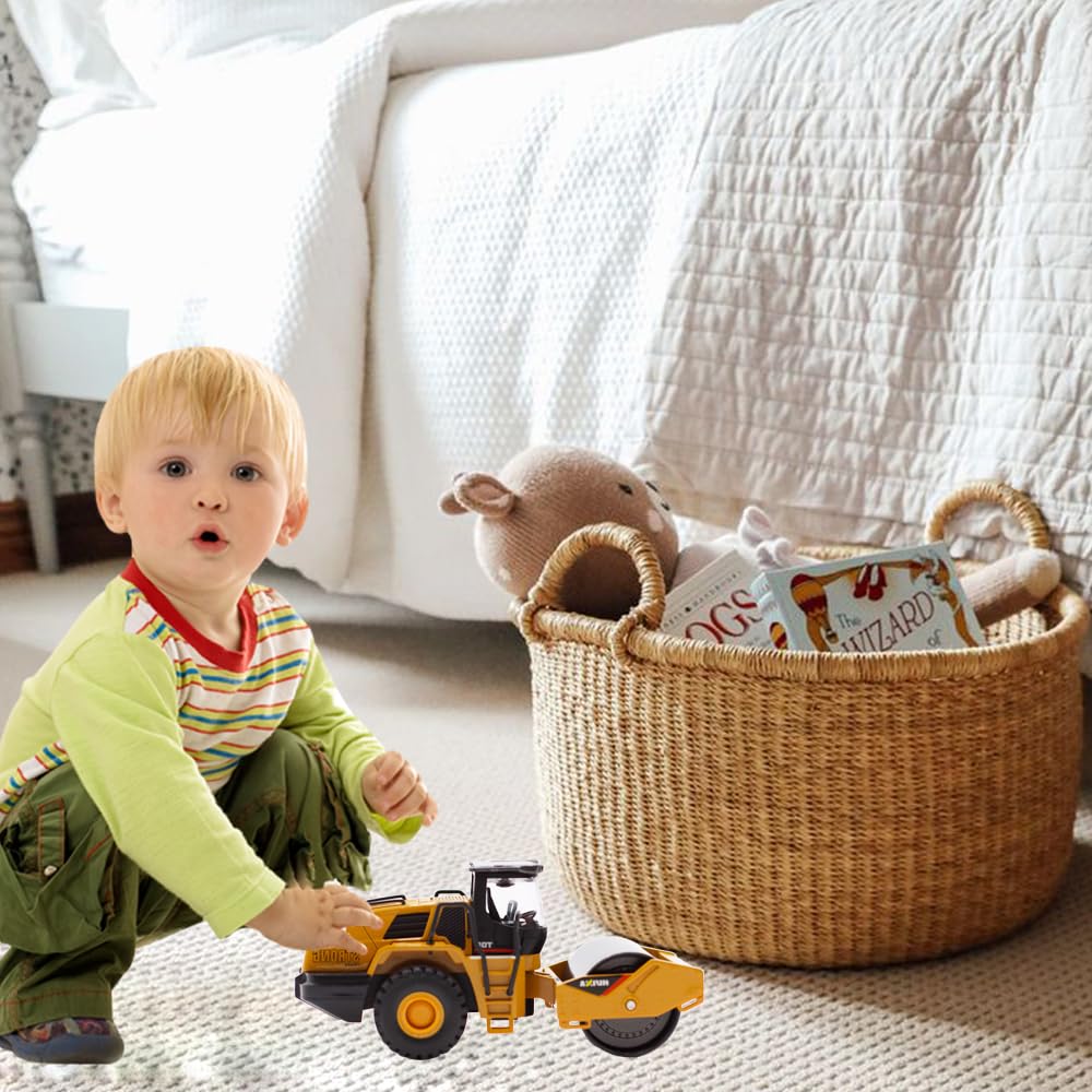 Qcar 1/60 Scale Metal Large Road Roller Toy, Metal Construction Vehicles Model Toy, Outdoor Sandbox Car Toys, Birthday Gift Todd