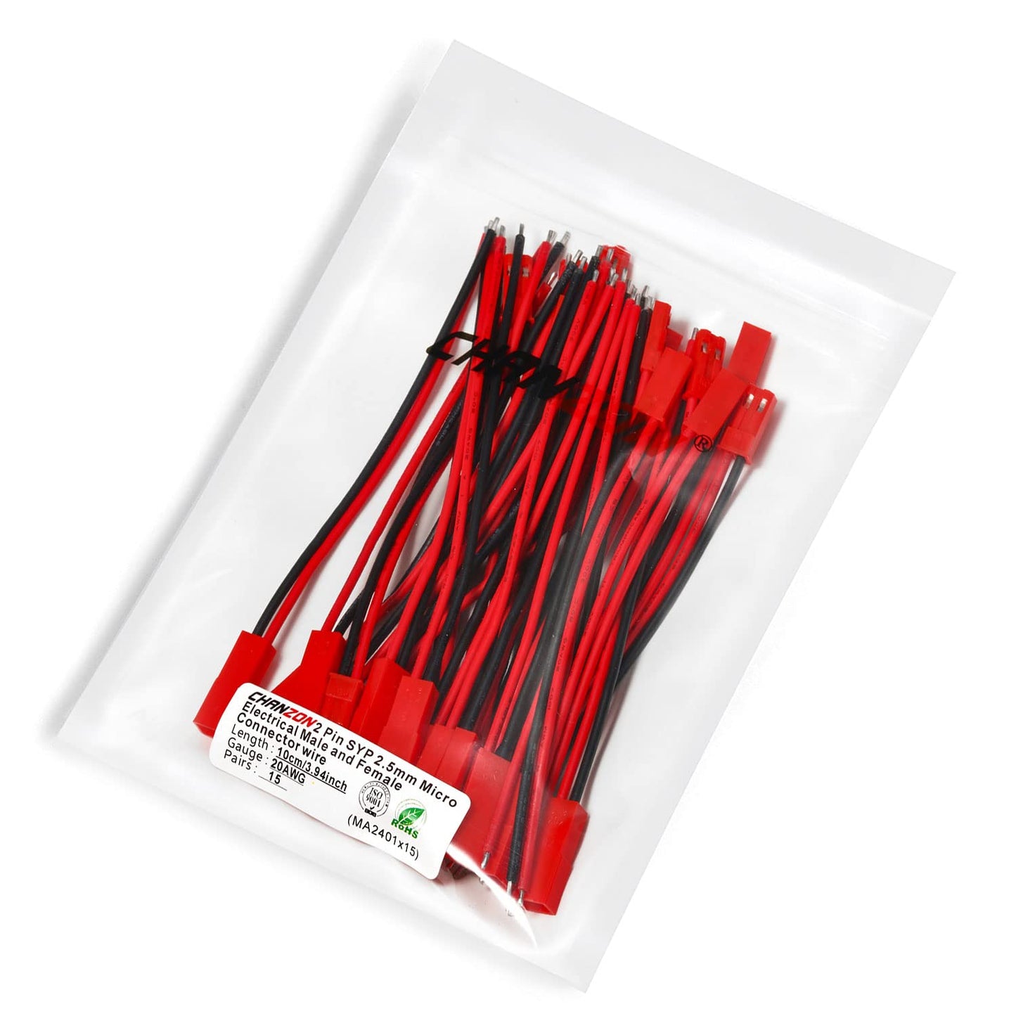 Chanzon 20AWG 15 Pairs Jst SYP 2.5 mm Pitch 2Pin Plug Connector for 3.94 inch UL1007 Tinned Copper Wire for RC Toys Battery Etc.