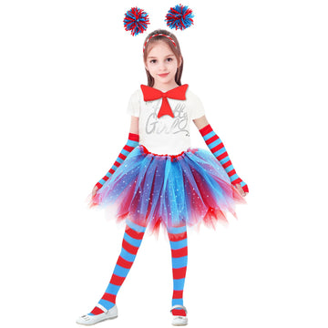 Kitimi Tulle Tutu Skirt Set for Girls Carnival Cosplay, 3 Layered Tulle Tutu Skirt, Headband, Striped High Socks and Gloves