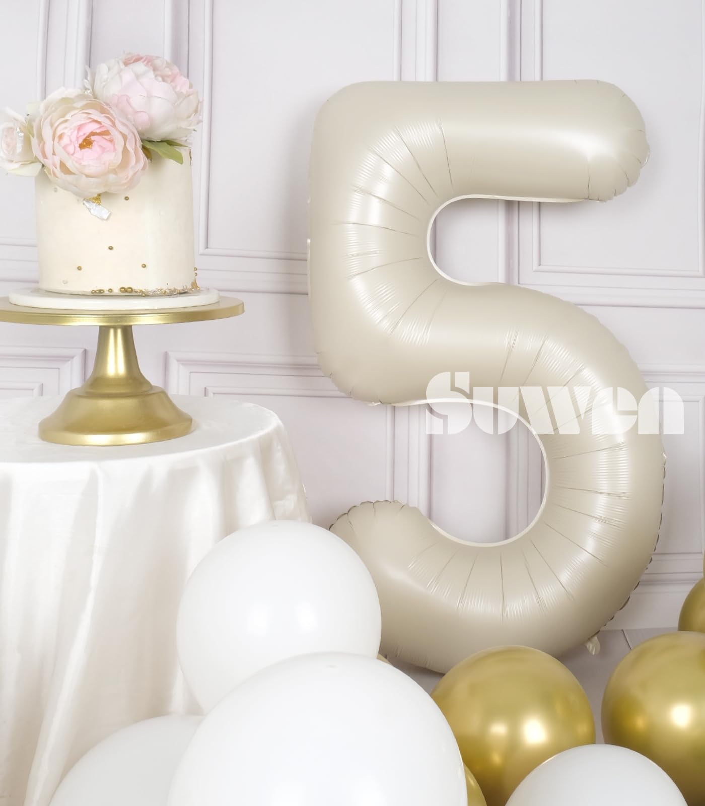 Suwen 40 Inch Cream White Large 5 Number Balloons Big Foil Helium Number Balloons 0-9 Jumbo Happy 5Th Mylar Birthday Party Decor