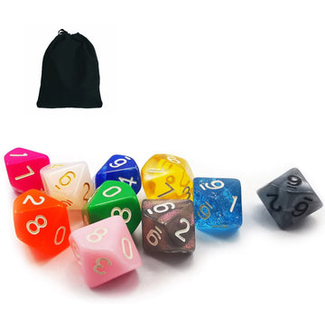 Bescon 10Pcs Set Of 10 Sided Dice (Number 0-9), 10 Count Assorted Random Multi Effected&Colored Pack Of D10 In Drawstring Pouch