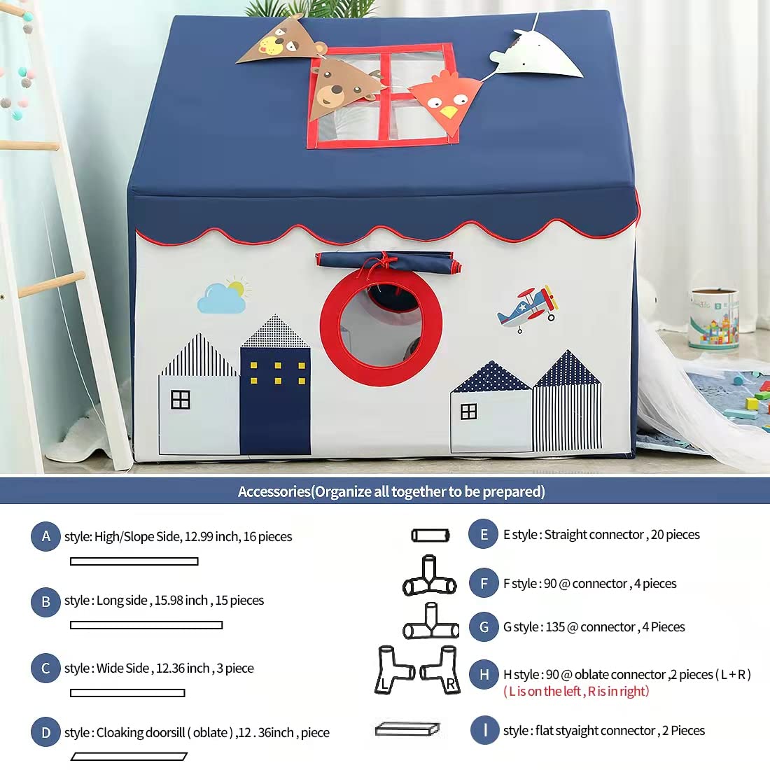 YOIKO Kids Tent Indoor Playhouse with Star String Lights, 50.4" x 47.3", PVC, Model YK_PT_002, Blue, Colorful Accessories Included