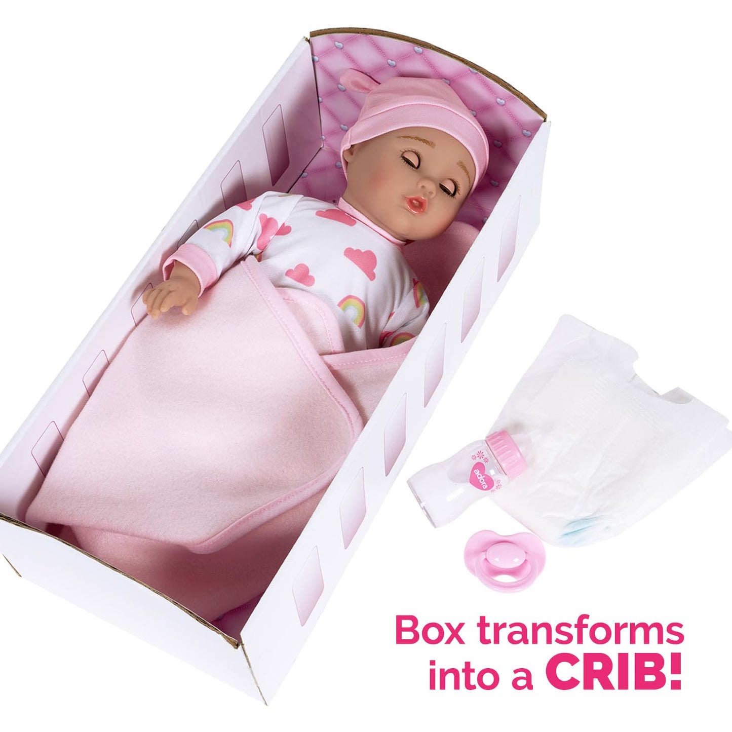Adora Rainbow Hugs Doll Set! Realistic 13' Baby Doll And Nurturing Set With 7-Pc Doll Accessories Includes Crib Box, Rainbow-Print Onesie, Beanie, Pacifier, Diaper, Magic Milk Bottle And Blanket