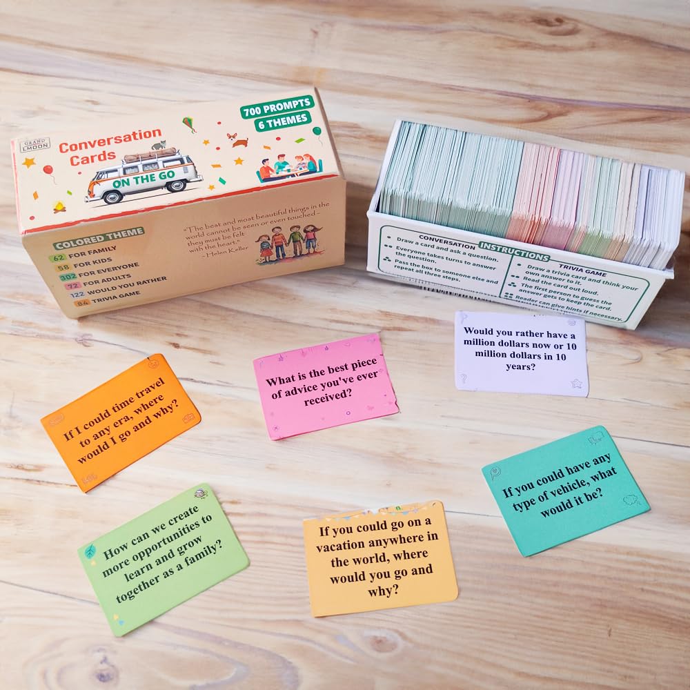 GRANDLMOON Conversation Cards & Trivia Game - 700 Prompts, Fun for Family & Kids, Multicolor, 5” x 2” x 2”