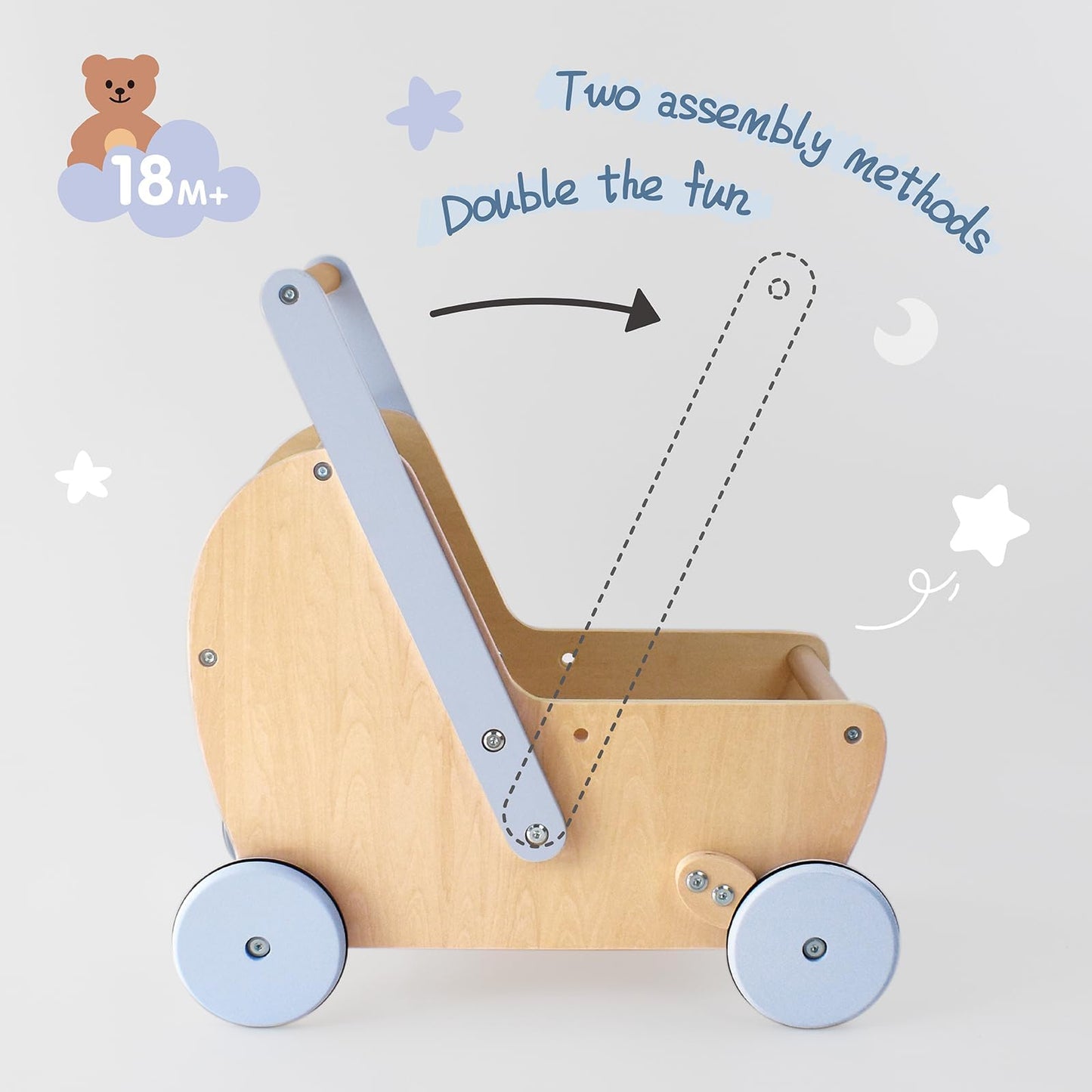 Pillowhale Wooden Baby Doll Pram Stroller,Wooden Baby Walker Push And Pull Doll Stroller,Baby Wooden Toy Stroller For Toddler Bo