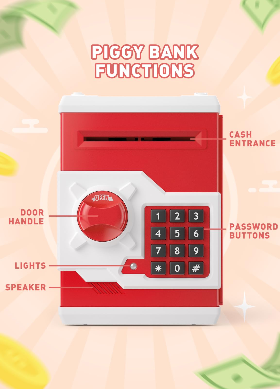 Piggy Bank For Girls Boys Large Electronic Money Coin Banks With Password Protection, Automatic Paper Money Scroll Saving Box, Great Gift For Kids (Red-White)