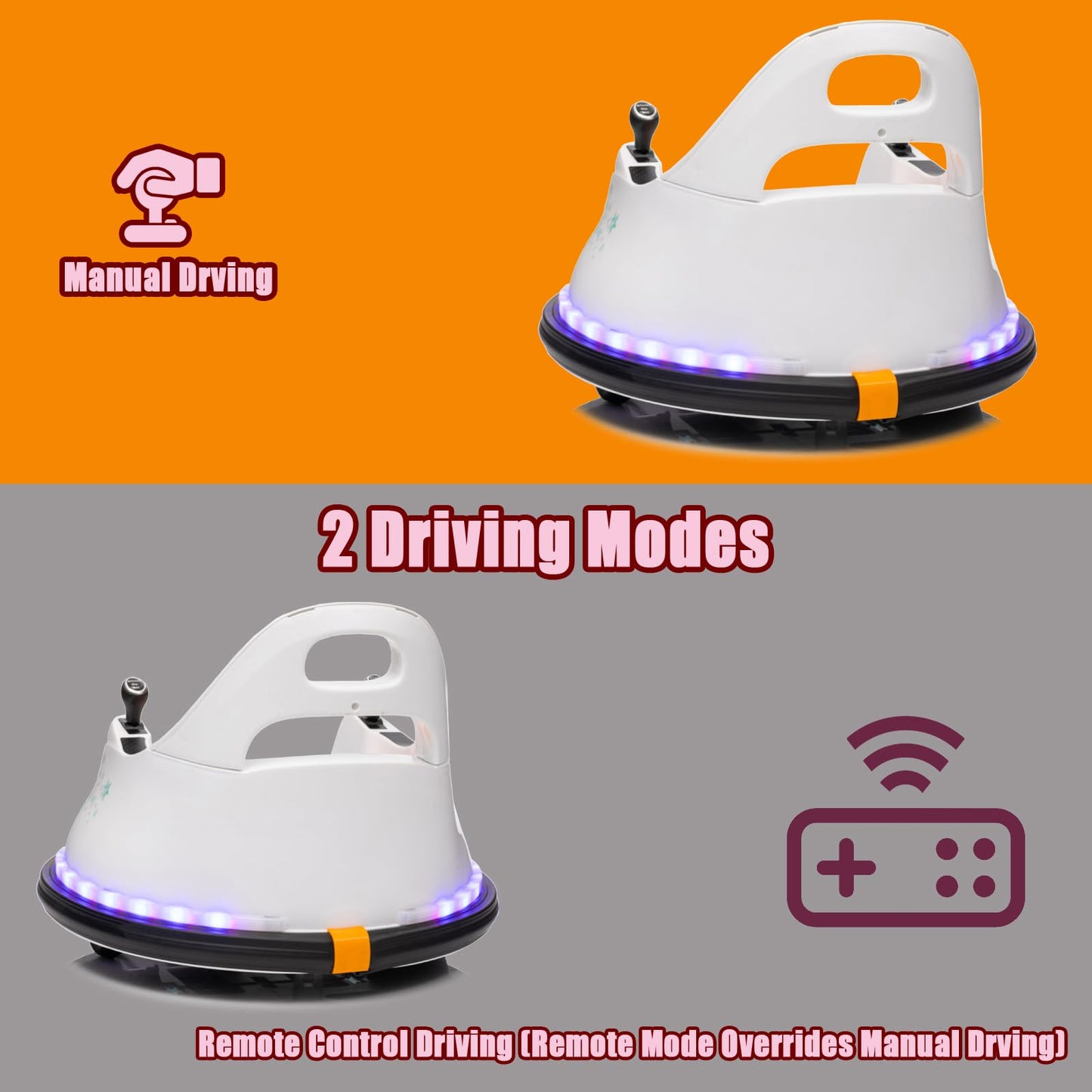 FINITO 12V Ride On Electric Bumper Car for Toddlers with Remote Control, 360 Degree Spin, LED Lights, Music, Safety Belt for Age