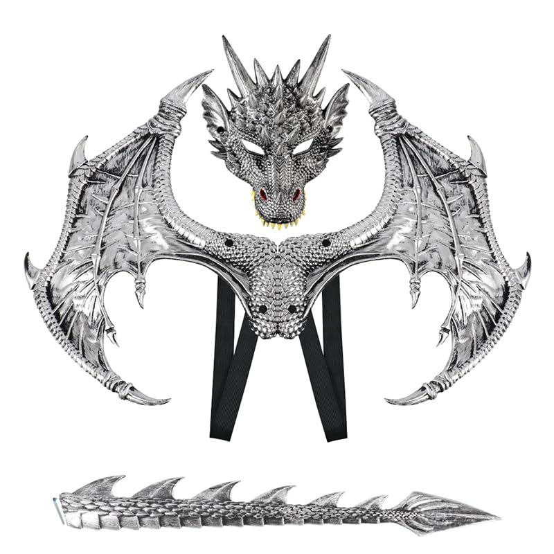 Kids Dinosaur Costume Dress Up Wings Dragon Tail Mask Set Halloween for Children Birthday Party Favors Gifts (Silver)