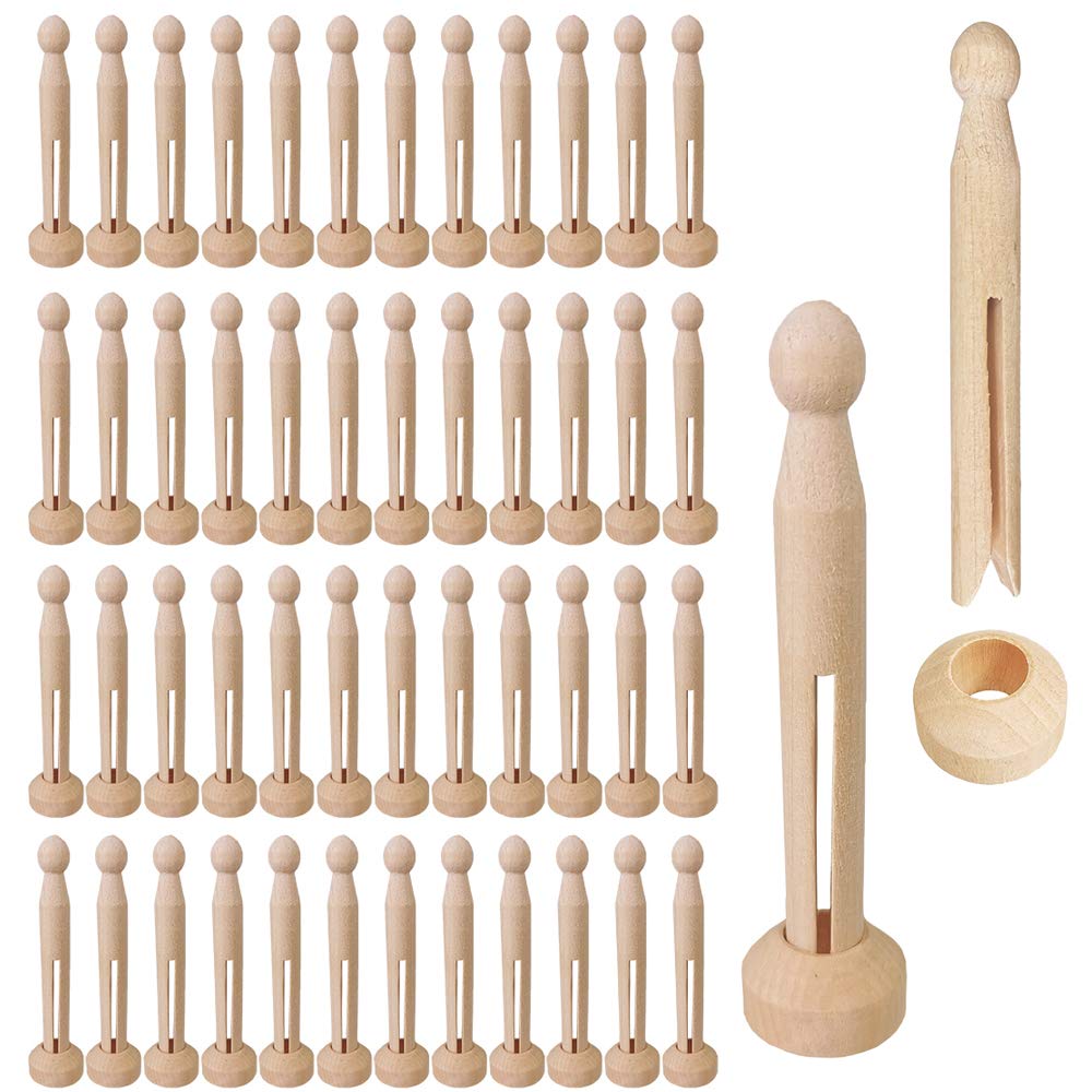 Winlyn 50 Sets Unfinished Wood Doll Pins Doll Clothespins Wooden Round Peg Wood Clothespins And Stands Craft Supplies For Diy Ar