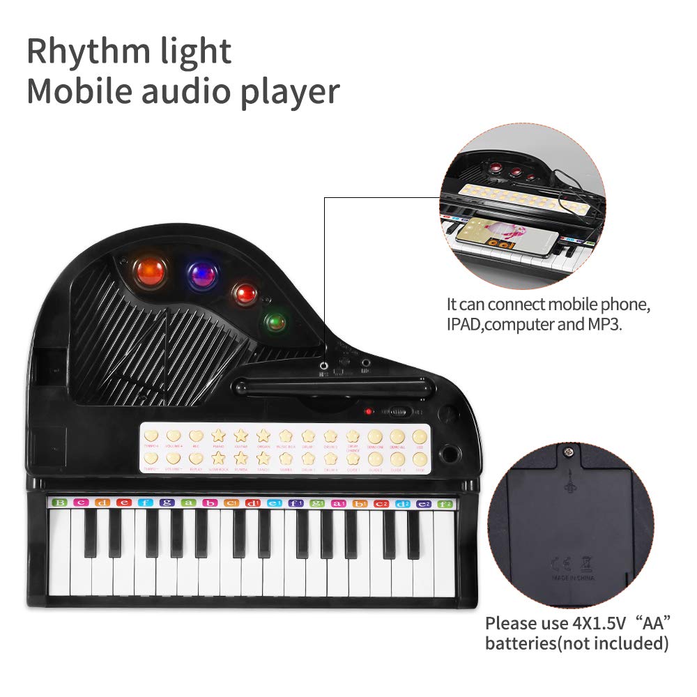 Love&Mini Piano Keyboard Toys For Kids - 31 Keys Toddlers Piano Toys With Microphone And Stool, Black Piano For Kids Age 3+ Year Old Girls Boys Birthday Gifts