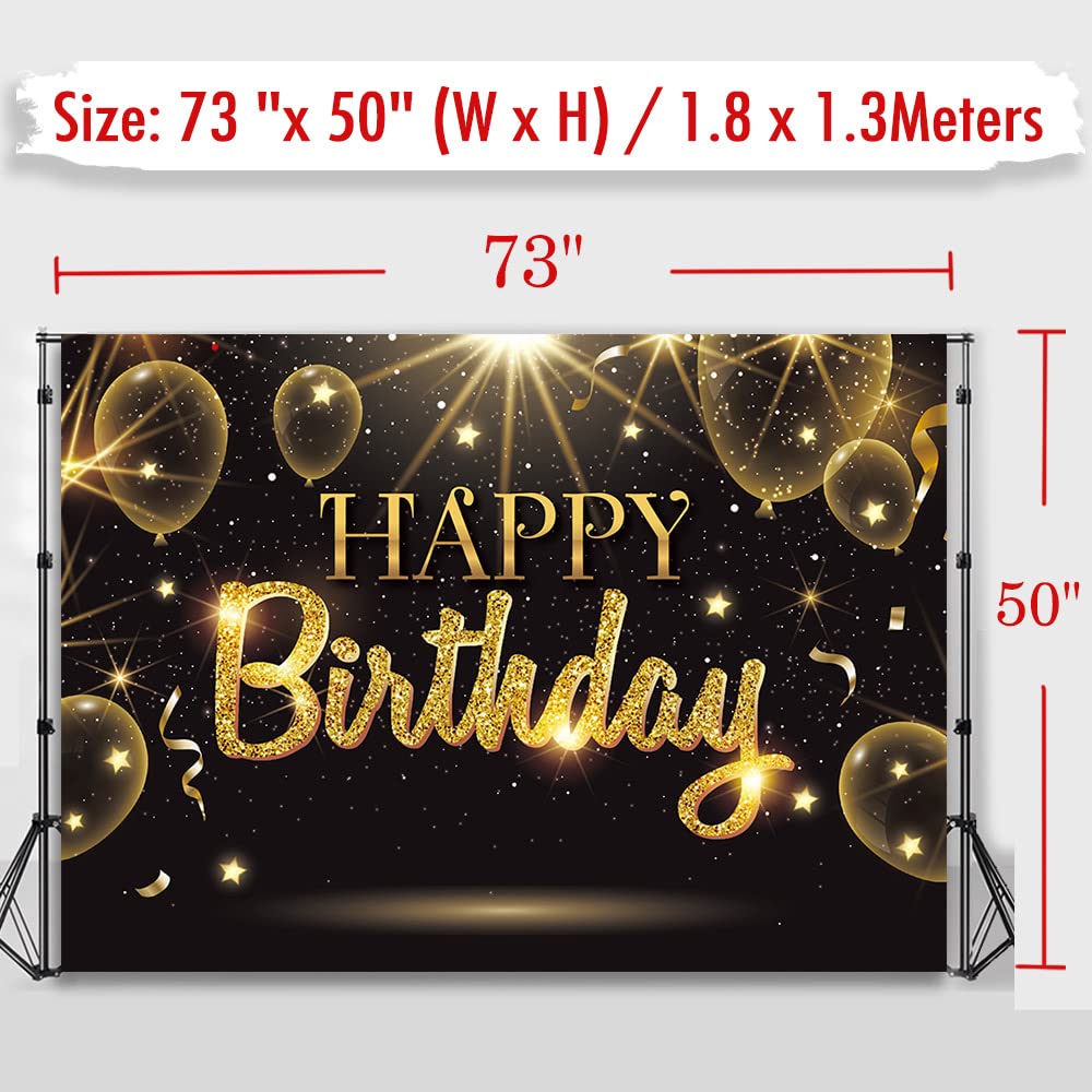 IIILUYOT Happy Birthday Party Backdrop, Black Gold Vinyl Banner 6x4.2ft, Large Birthday Theme Decorations, Glitter Star Props