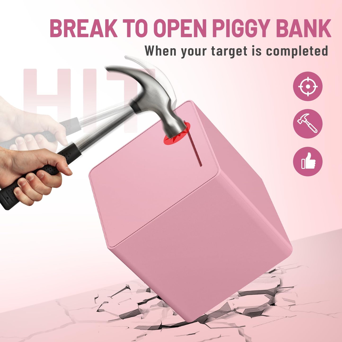Hizgo Adults Assembly Piggy Bank, 6' Large Piggy Bank For Adults/Kids Must Break To Open, Unopenable Money Saving Box For 2025 Cash Saving (Pink)