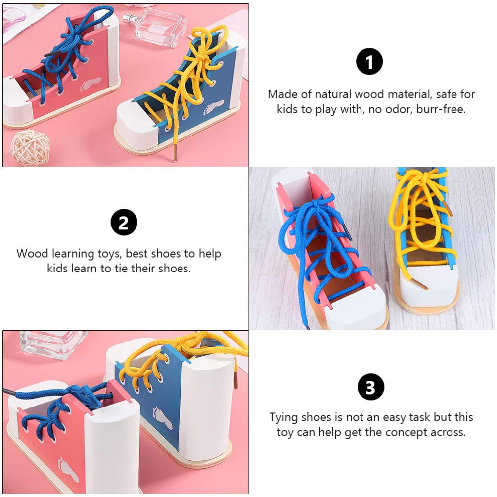 Nuobesty Learn To Tie Shoes Wooden Lacing Shoe Toy Shoelaces Tying Toy Teaching Kit For Kids, Pink