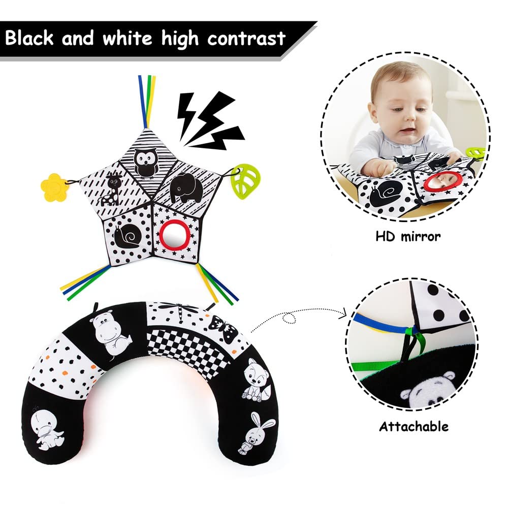 Teytoy Tummy Time Pillow With Crinkle Mat & Teethers, Black And White High Contrast Baby Toys With Mirror, Montessori Sensory Crawling Toy For Infant Newborn Toddler Tummy Time Toys 0-6 Months Babies
