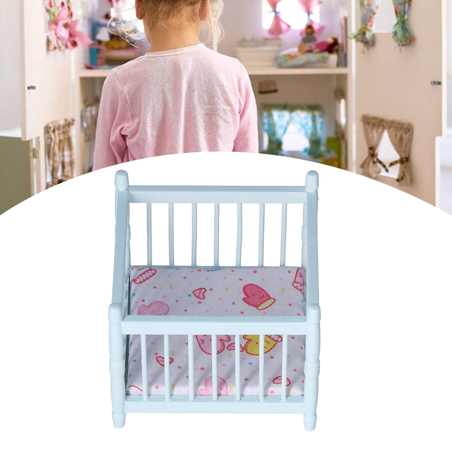 1:12 Scale Wooden Doll House Baby Bed Diy Miniature Doll House Mini Furniture Accessories With Mattress Square Bed Blue Children