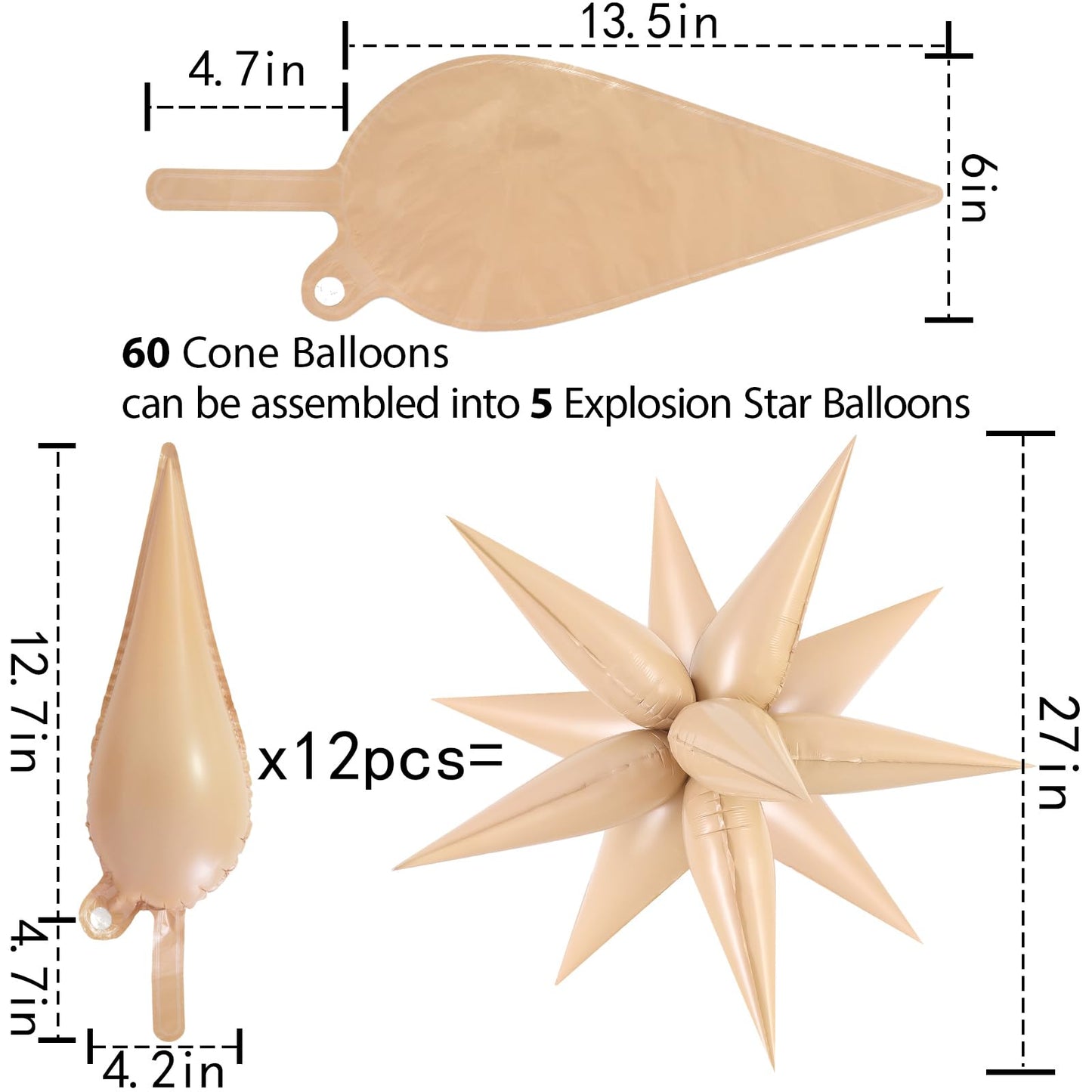 60 Pcs Caramel Color Star Balloons Foil Starburst Balloons Explosion 12 Point Cone Balloons Large For Wedding Anniversary Backdr