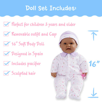 Jc Toys Hispanic 16-Inch Medium Soft Body Baby Doll La Baby | Washable |Removable Purple Outfit W/Hat And Pacifier | For Childre