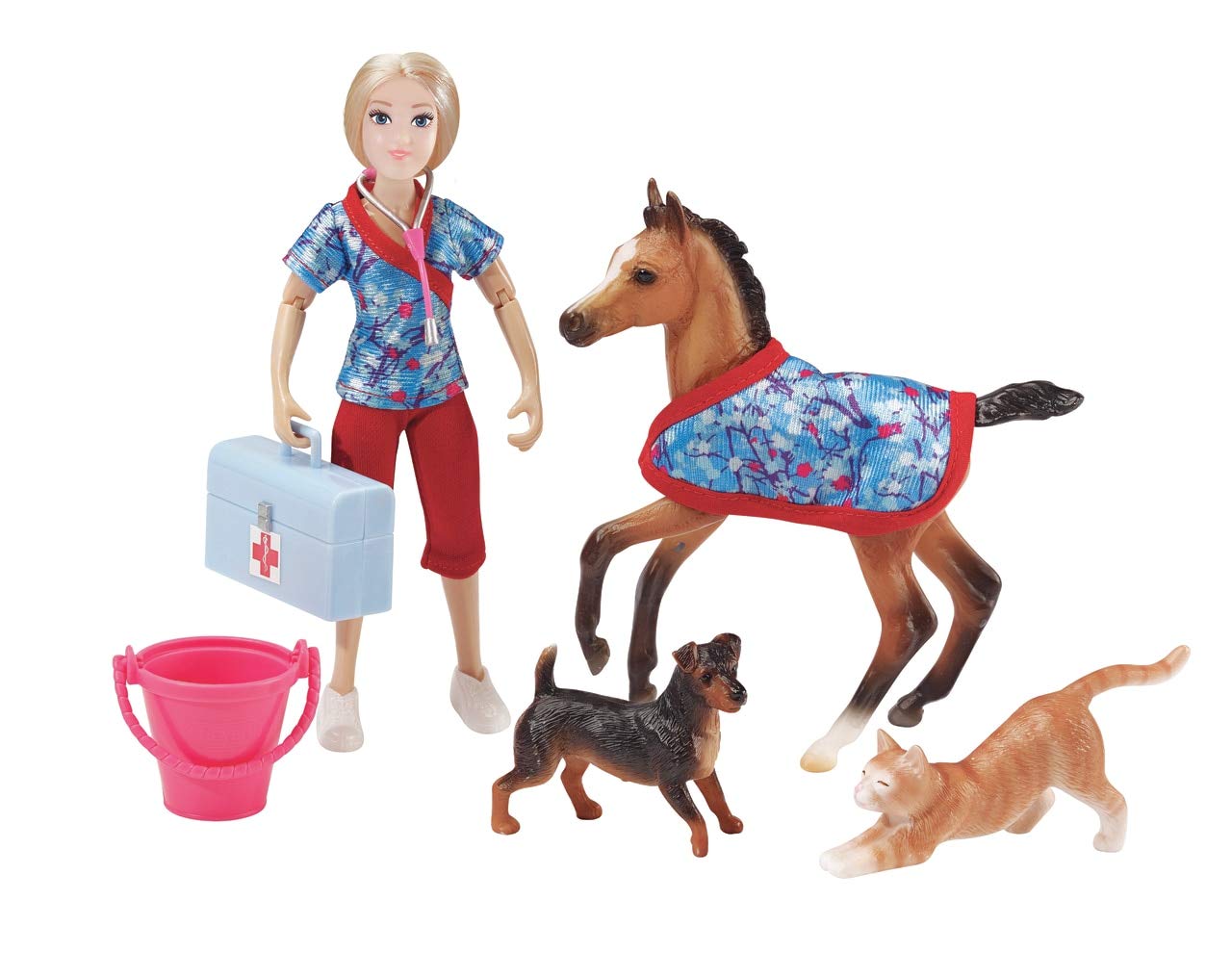 Breyer Freedom Series (Classics) Day at The Vet Doll & Animals Set | 8 Piece Playset with 6 Fully Articulated Rider Doll | 1:12